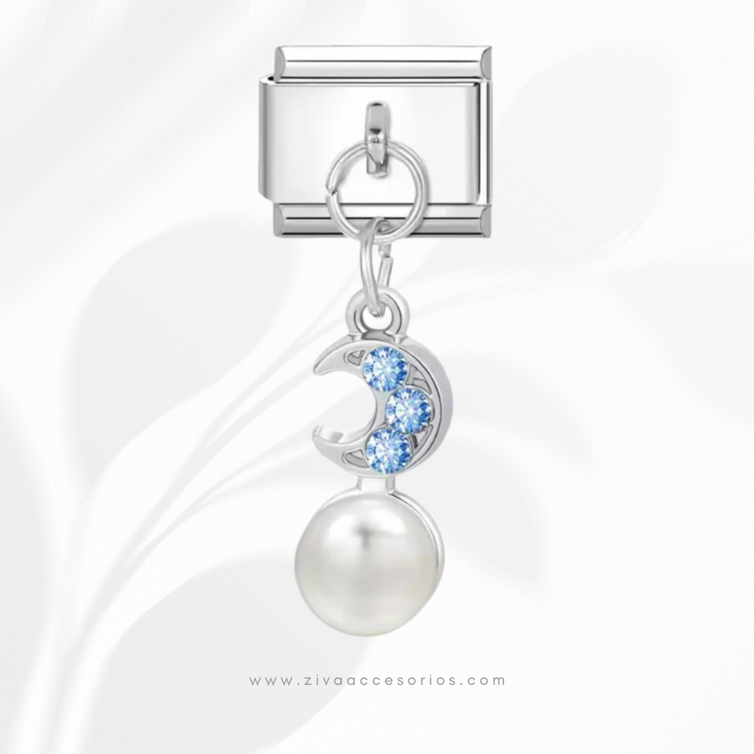 Charm Dije Luna con Zirconia y Perla Colgante Para Pulsera Italiana