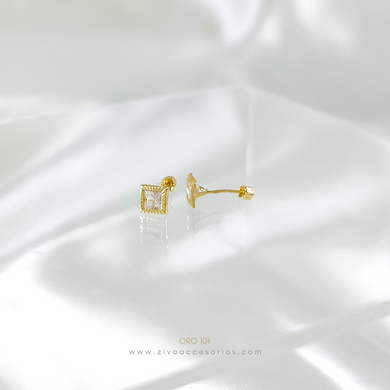 Aretes Broquel Zirconia Bicel Cuadrado Oro 10k