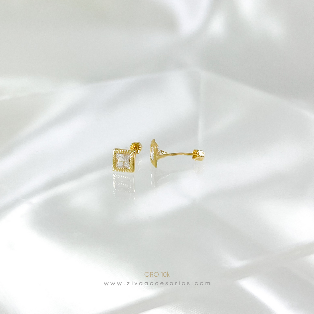 Aretes Broquel Zirconia Bicel Cuadrado Oro 10k