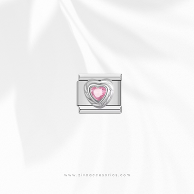 Charm Dije Corazon Zirconia Rosa Para Pulsera Italiana