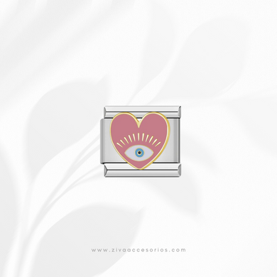 Charm Dije Corazon Rosa con Ojo Para Pulsera Italiana