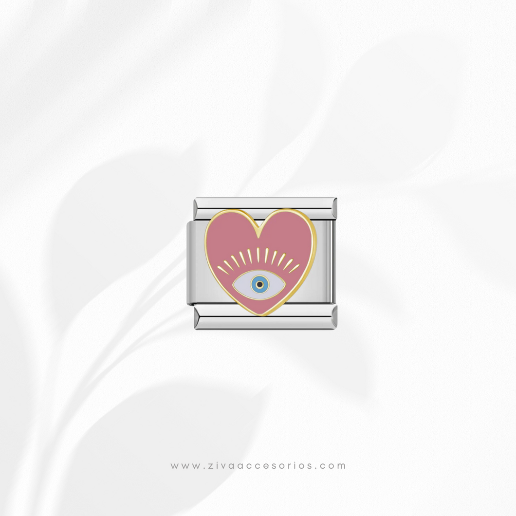 Charm Dije Corazon Rosa con Ojo Para Pulsera Italiana