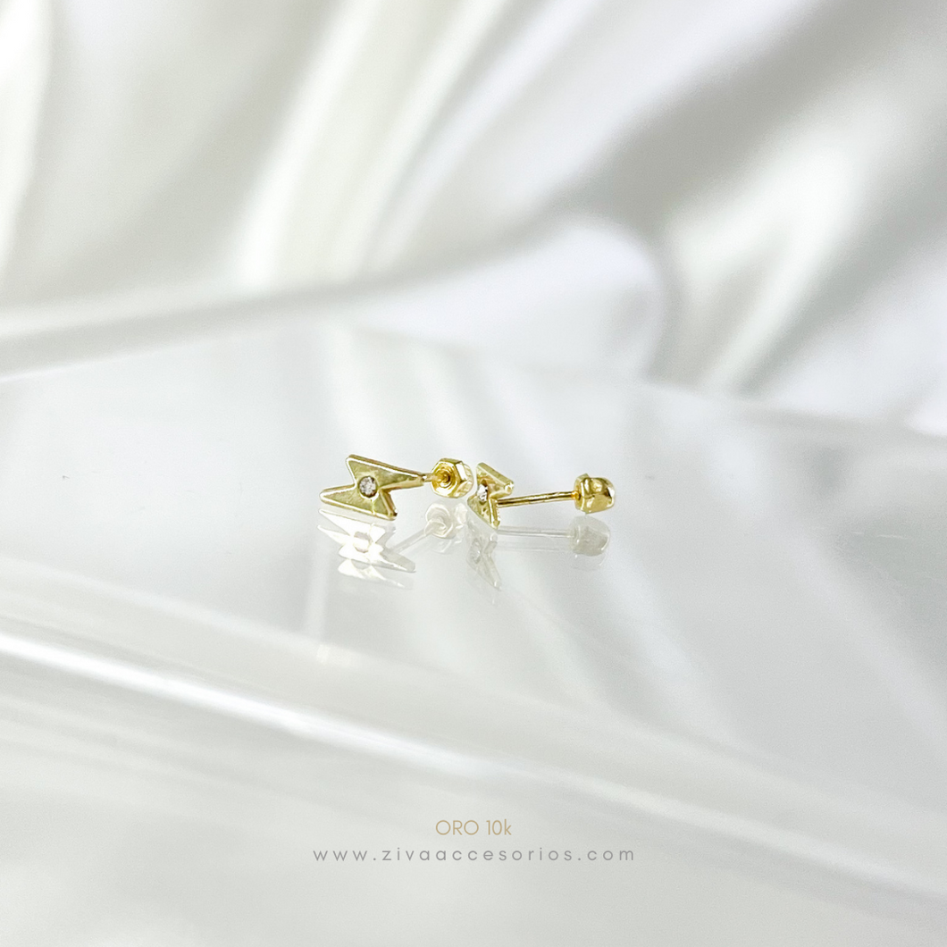 Aretes Broquel Rayo con Zirconia Oro 10k