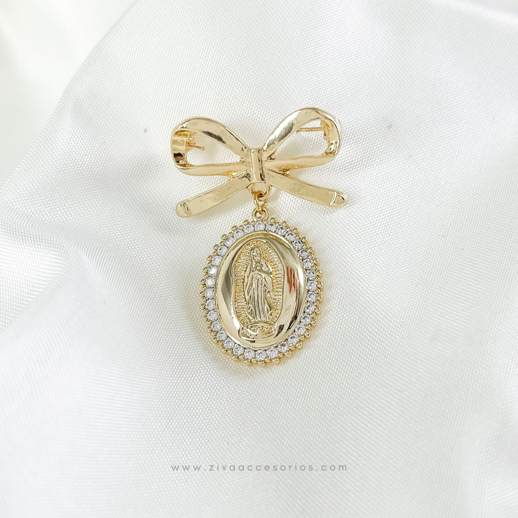 Pin Broche Bautizo Ovalado Virgen de Guadalupe Chapa de Oro y Zirconias (A)