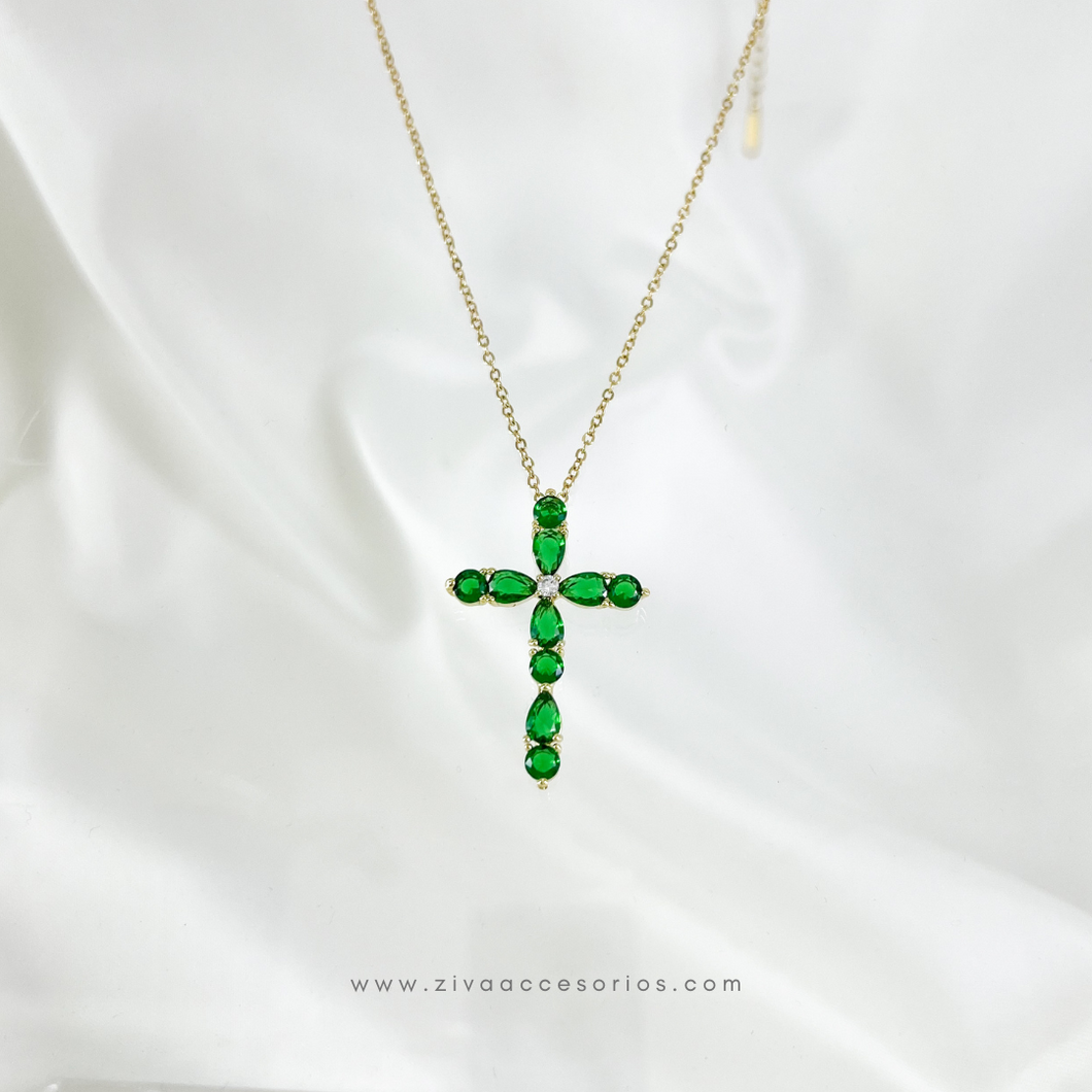 Collar Cruz Zirconias Verdes