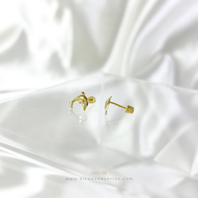 Aretes Broquel Delfin Con Zirconia Oro 10k