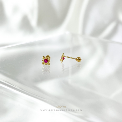 Aretes Broquel Puntos con Zirconia Rosa Oro 10k