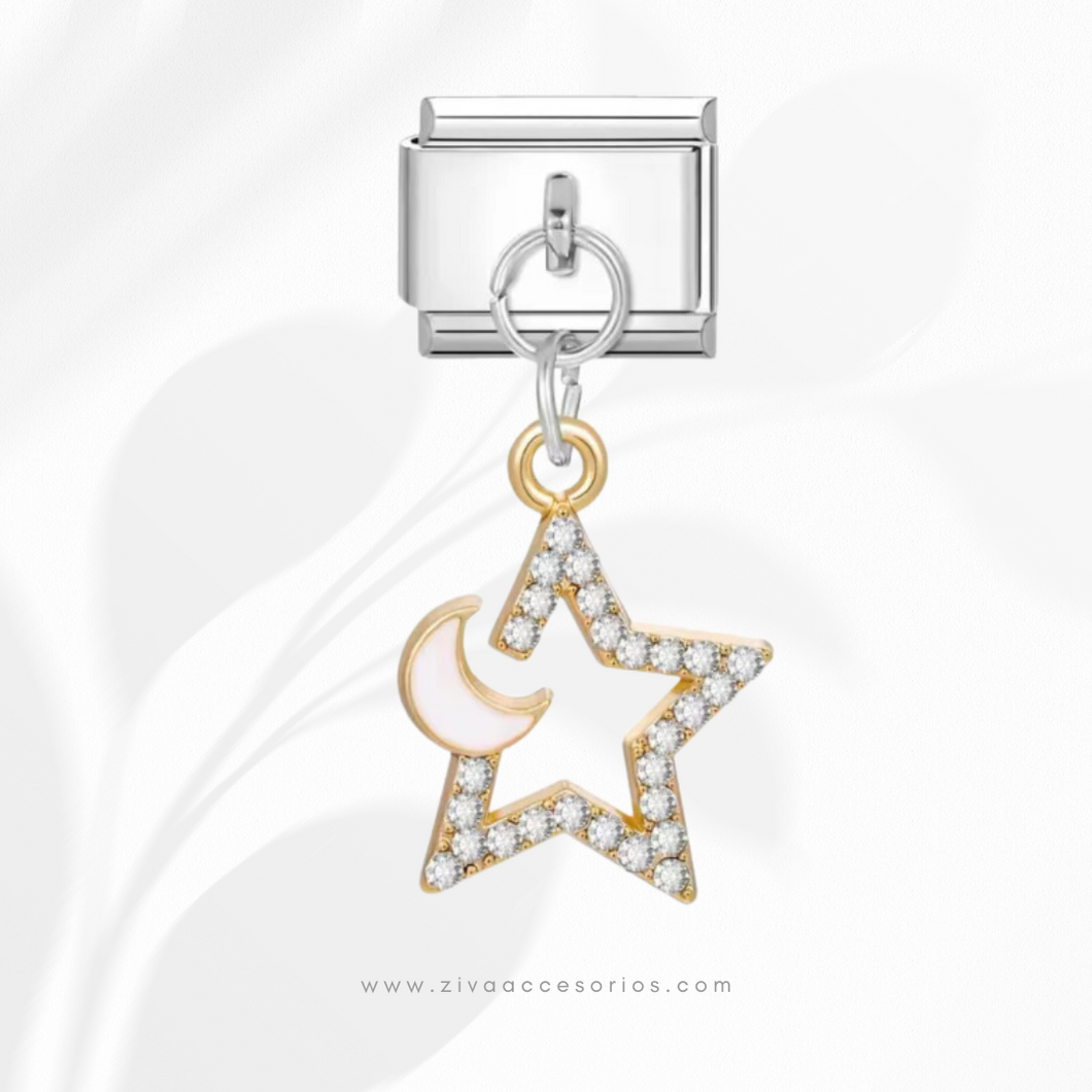 Charm Dije Estrella y Luna Zirconas Colgante Para Pulsera Italiana