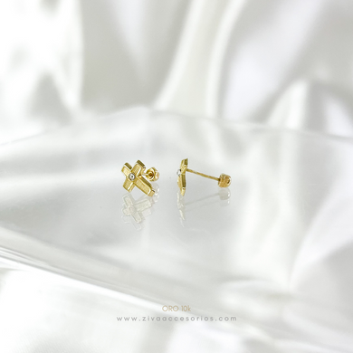 Aretes Broquel Cruz con Zirconia Oro 10k