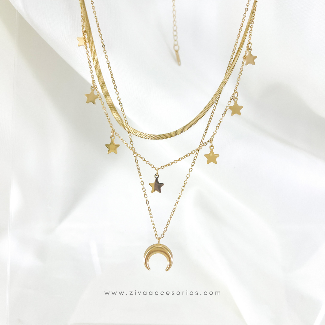 Collar Triple Cadenas Calipso Estrellas y Luna