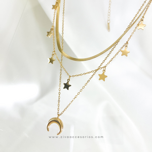 Collar Triple Cadenas Calipso Estrellas y Luna