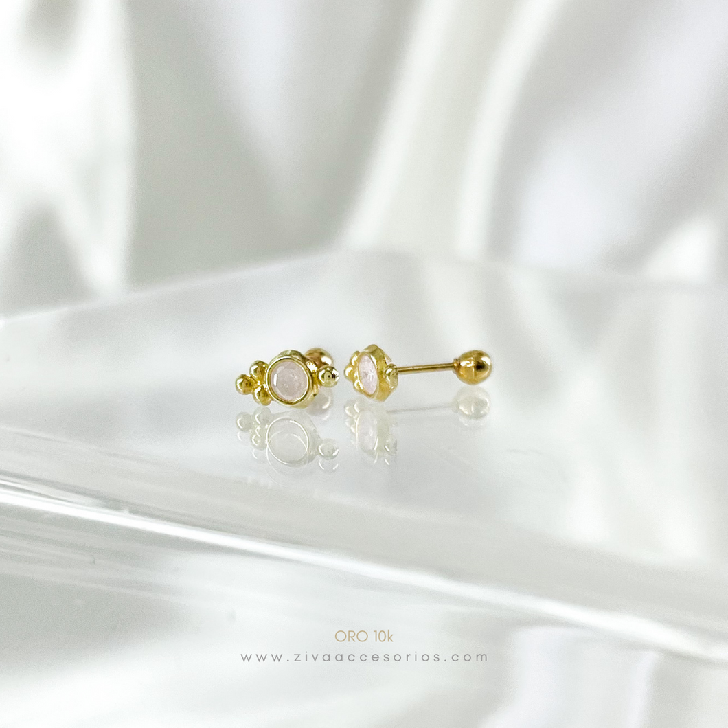 Aretes Broquel Puntos con Zirconia Rosa Oro 10k