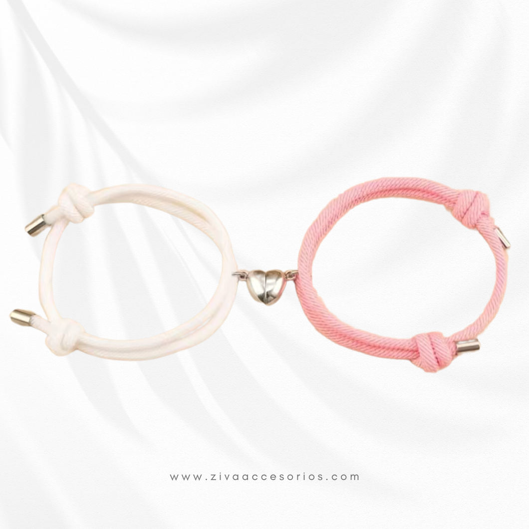 Pulsera Pareja Imán de Corazón Blanco + Rosa