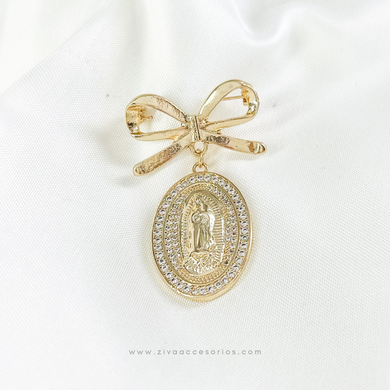 Pin Broche Bautizo Ovalado Virgen de Guadalupe Chapa de Oro y Zirconias (C)