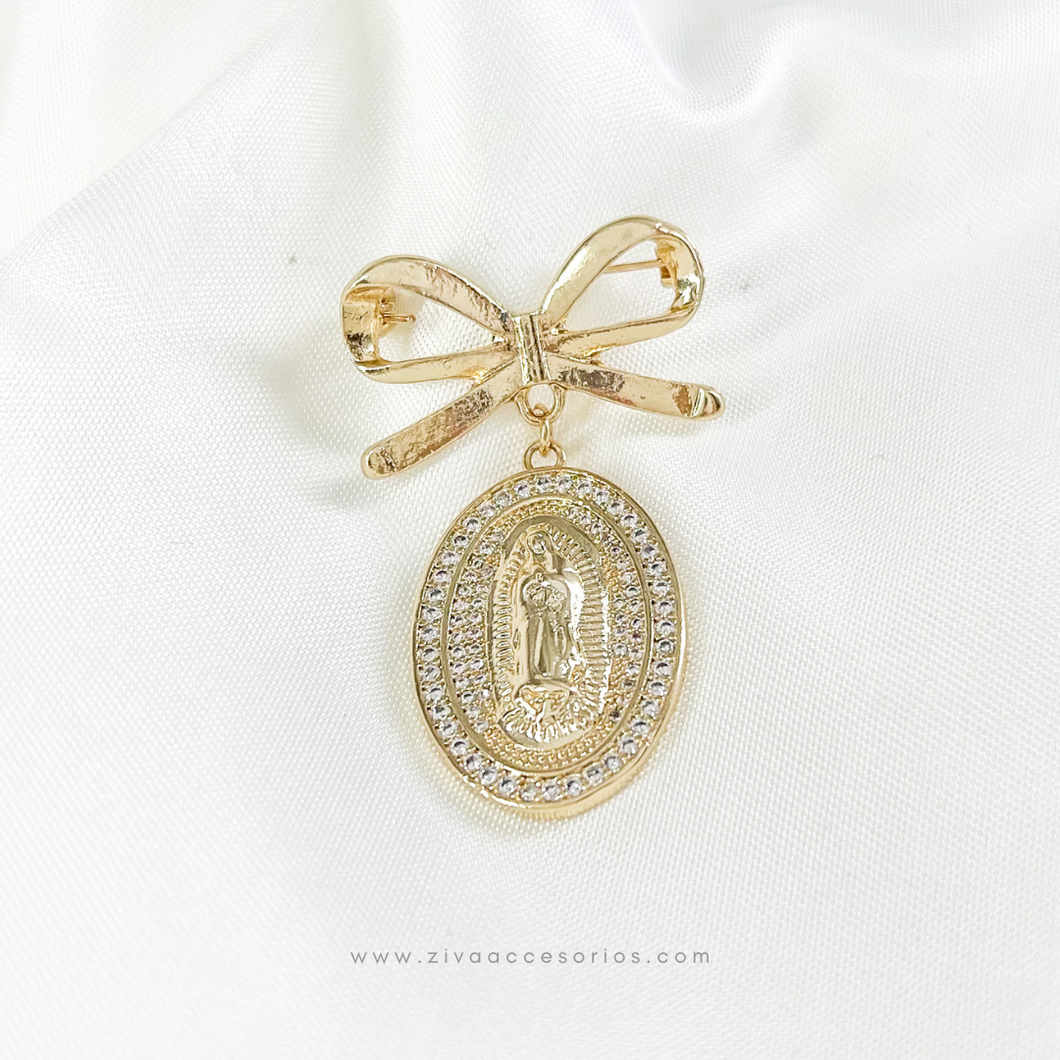 Pin Broche Bautizo Ovalado Virgen de Guadalupe Chapa de Oro y Zirconias (C)