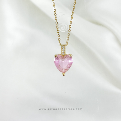 Collar Corazón Zirconia Rosa