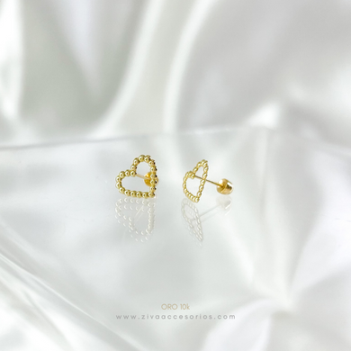 Aretes Broquel Corazon Contorno Bolitas Oro 10k