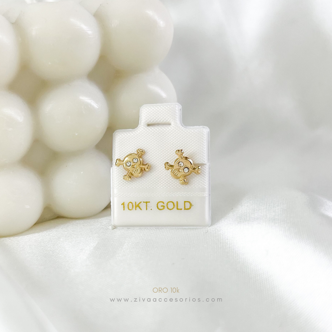 Aretes Broquel Calavera con Zirconias Oro 10k