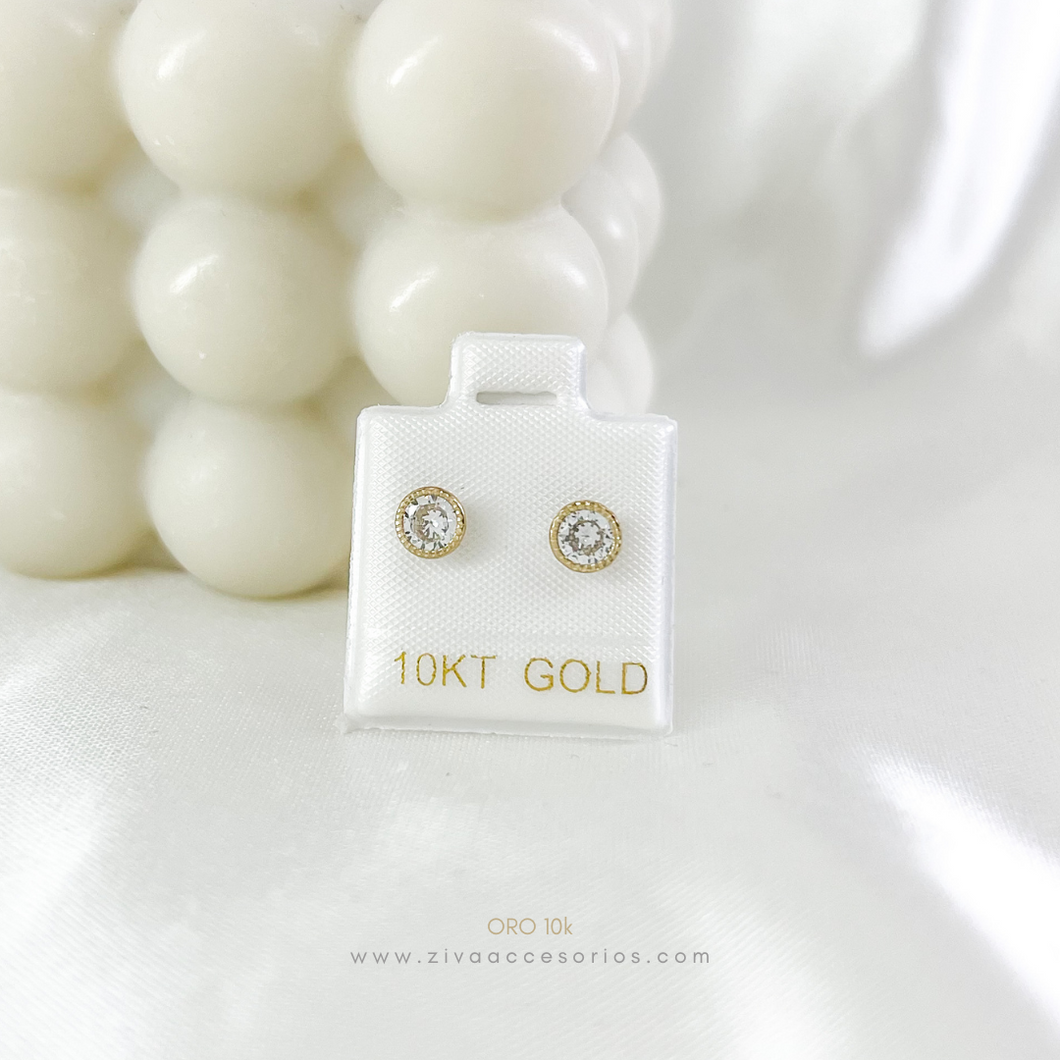 Aretes Broquel Zirconia Bicel Redondo Oro 10k