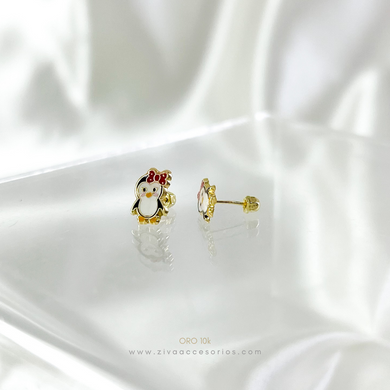 Aretes Broquel Pinguino con Moño Oro 10k