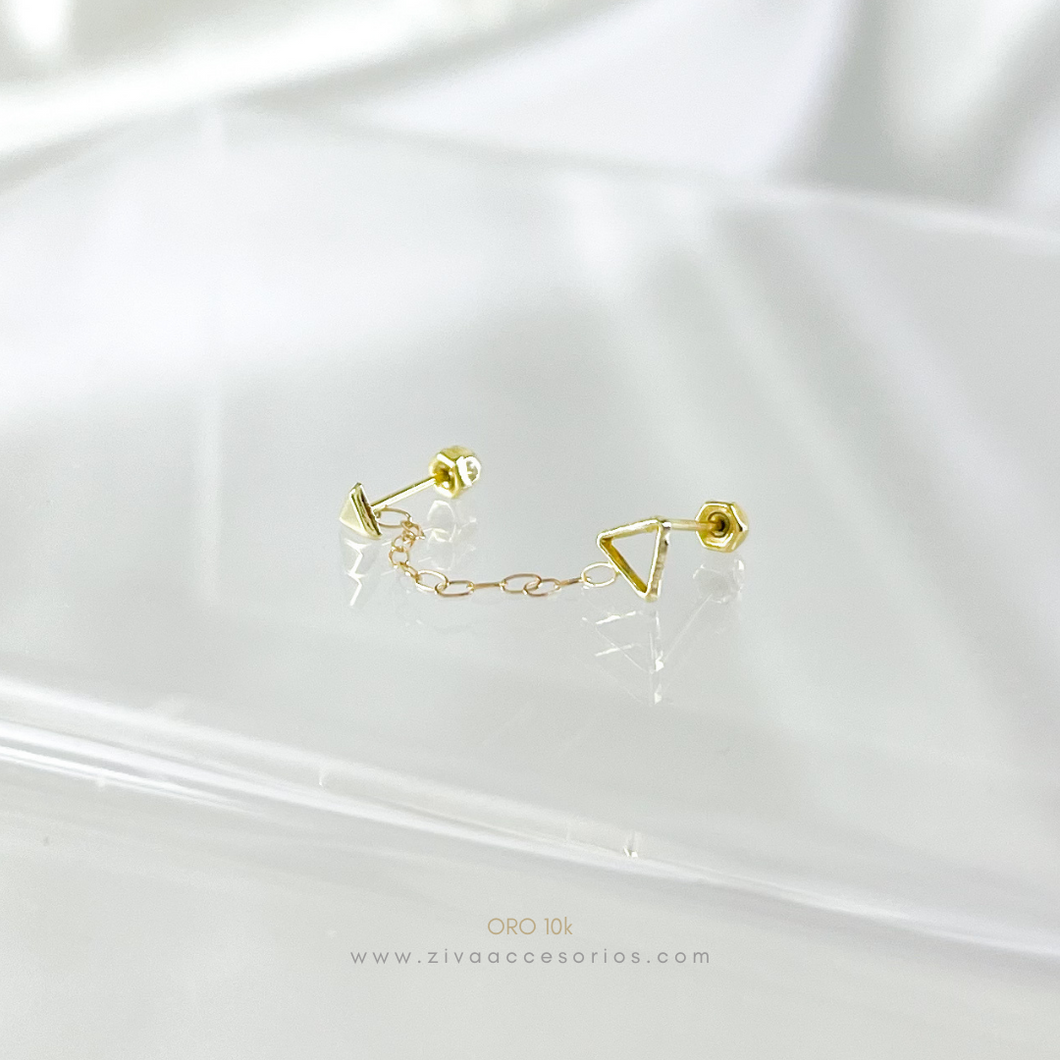 Aretes Broquel Doble Triangulo con Cadena Oro 10k