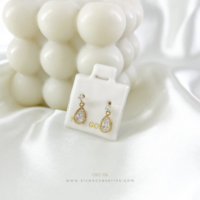 Aretes Broquel Gota Colgante Oro 10k