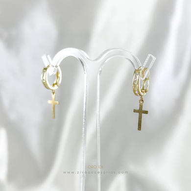 Aretes Arracada Huggie con Zirconias y Cruz Oro 10k