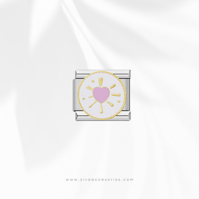 Charm Dije Circulo con Corazon Rosa Para Pulsera Italiana