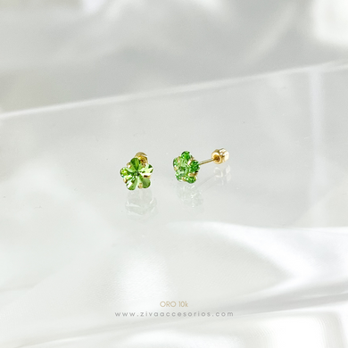 Aretes Broquel Flor Zirconia Verde Oro 10k