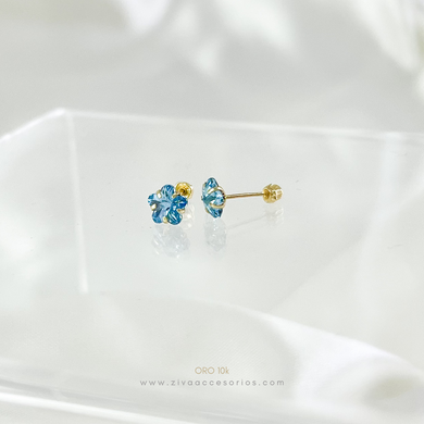 Aretes Broquel Flor Zirconia Azul Oro 10k